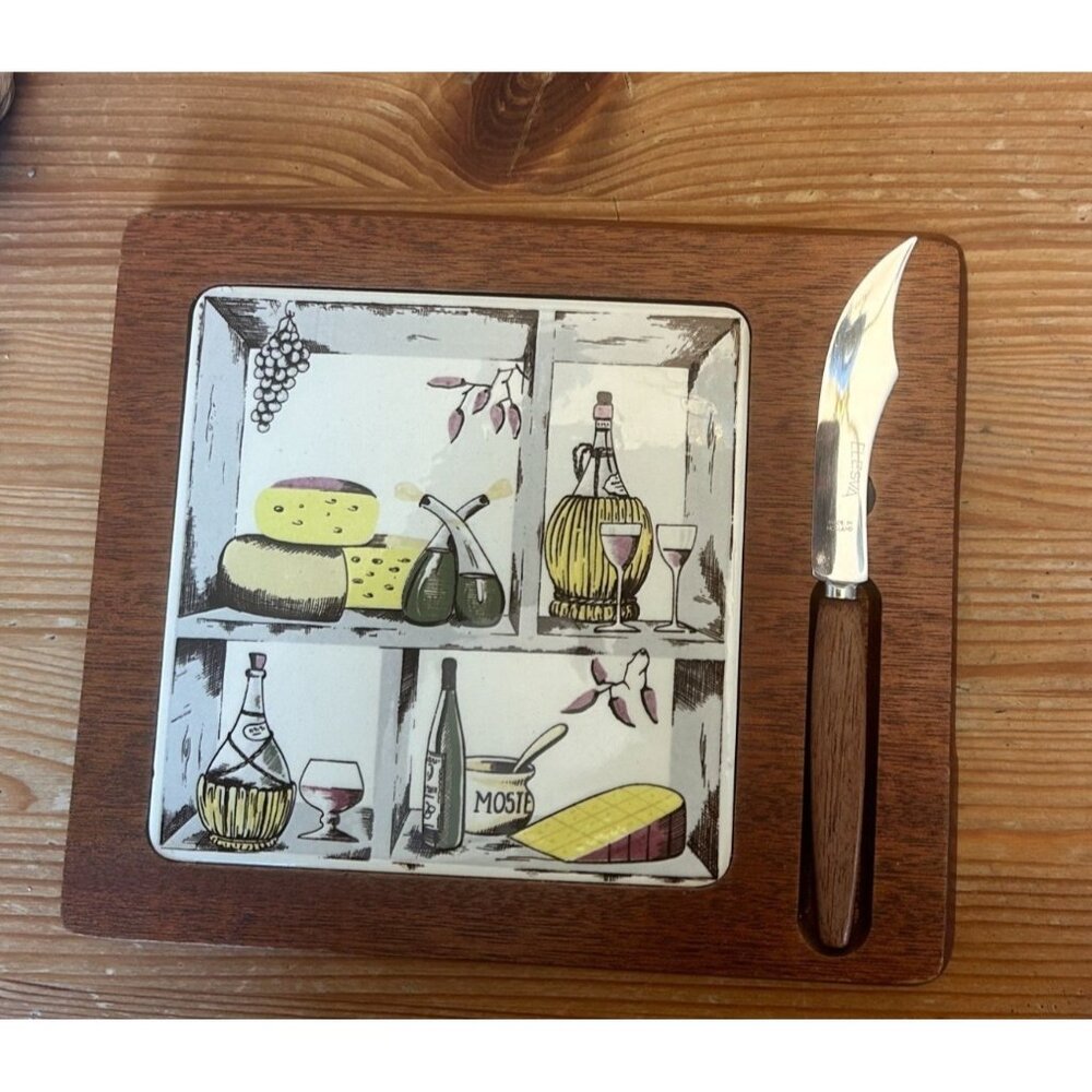 Vintage Elesva Made in Holland Wooden Cheese Board Ceramic Tile Knife Wine